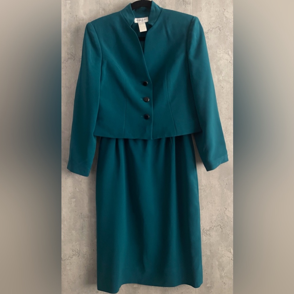 VTG Henry Lee Petite 2Pc Long Sleeve Teal Green Collarless Jacket Skirt Sz 8P